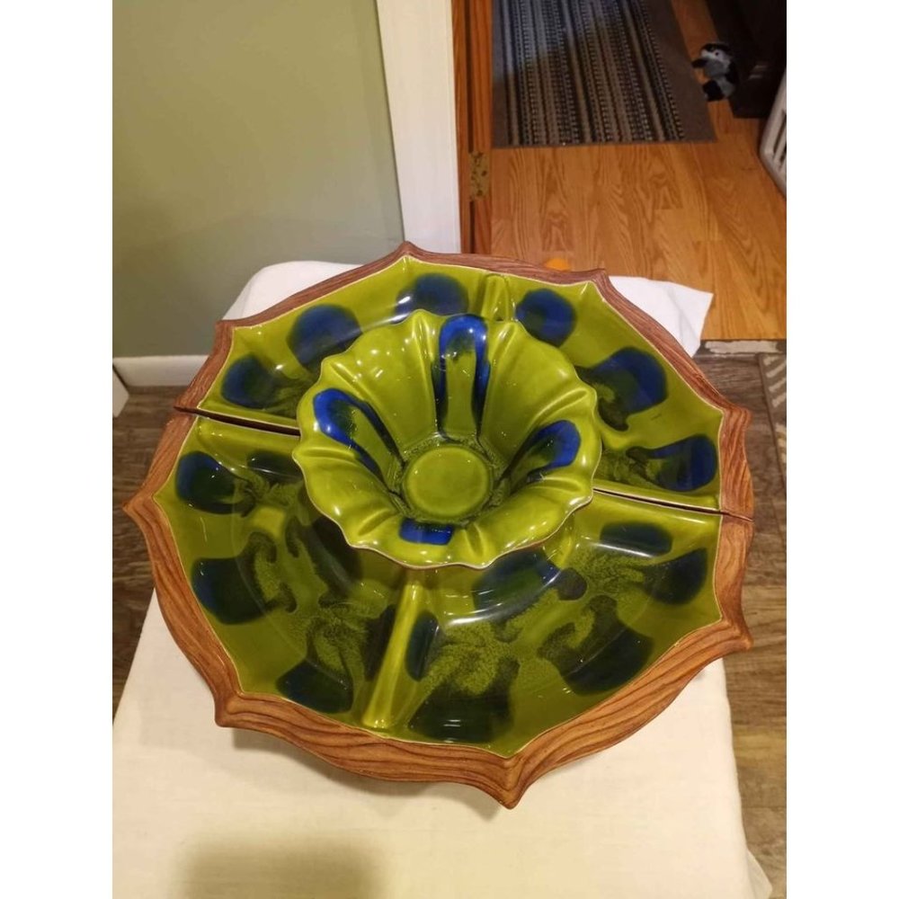 Vintage mid century California pottery lazy susan with wooden turntable chip dip - Picture 1 of 3